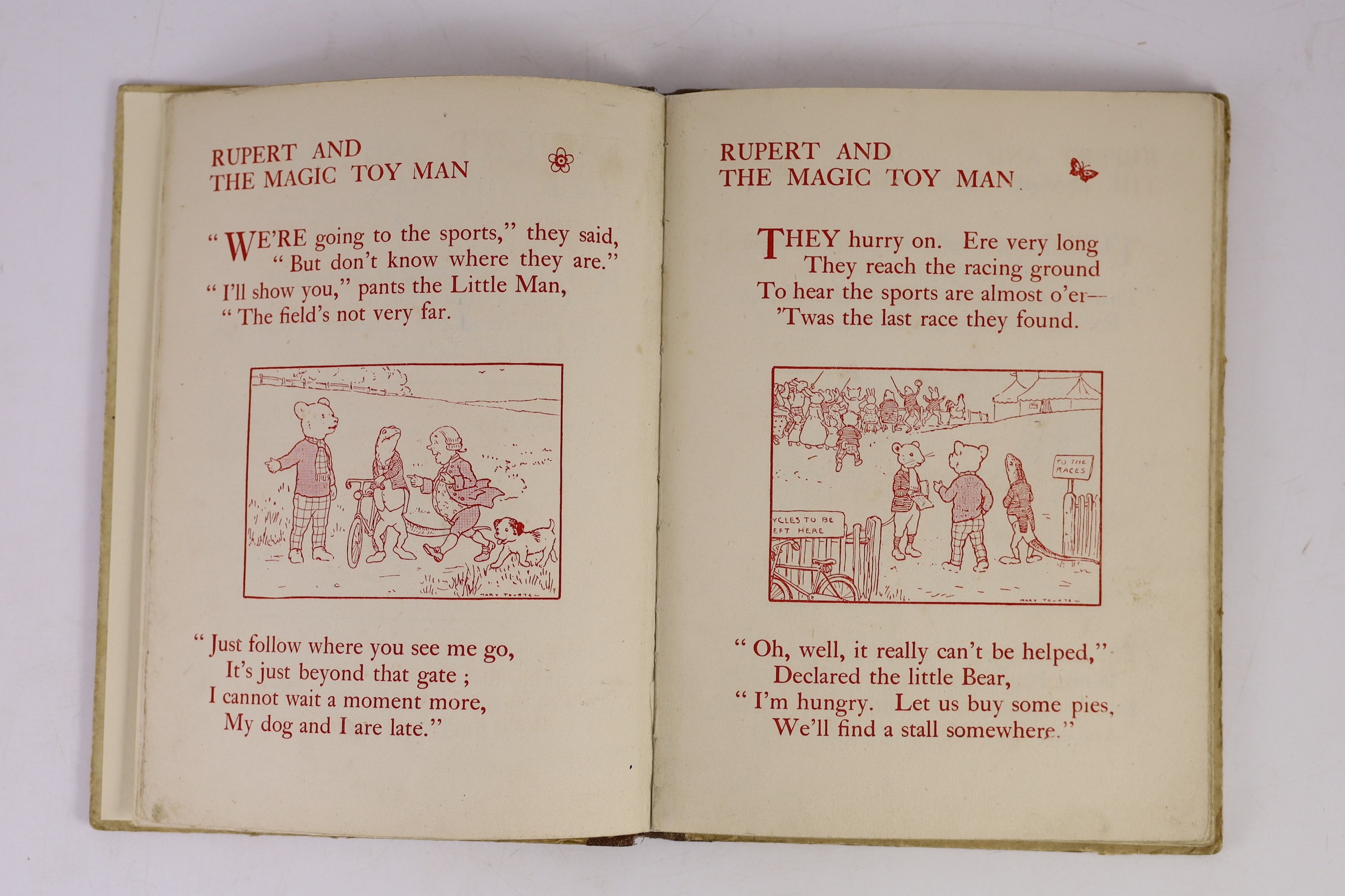 Tourtel, Mary - Rupert and the Magic Toy Man, 4to, pictorial boards, endpapers replaced, Samson Low, Marston & Co., Ltd., London, 1925, Note: The first book of six in the Rupert Little Bear series.